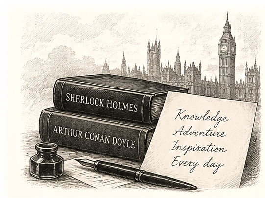 Victorian illustration of books, a deerstalker hat, ink and the Doyly Planet newsletter